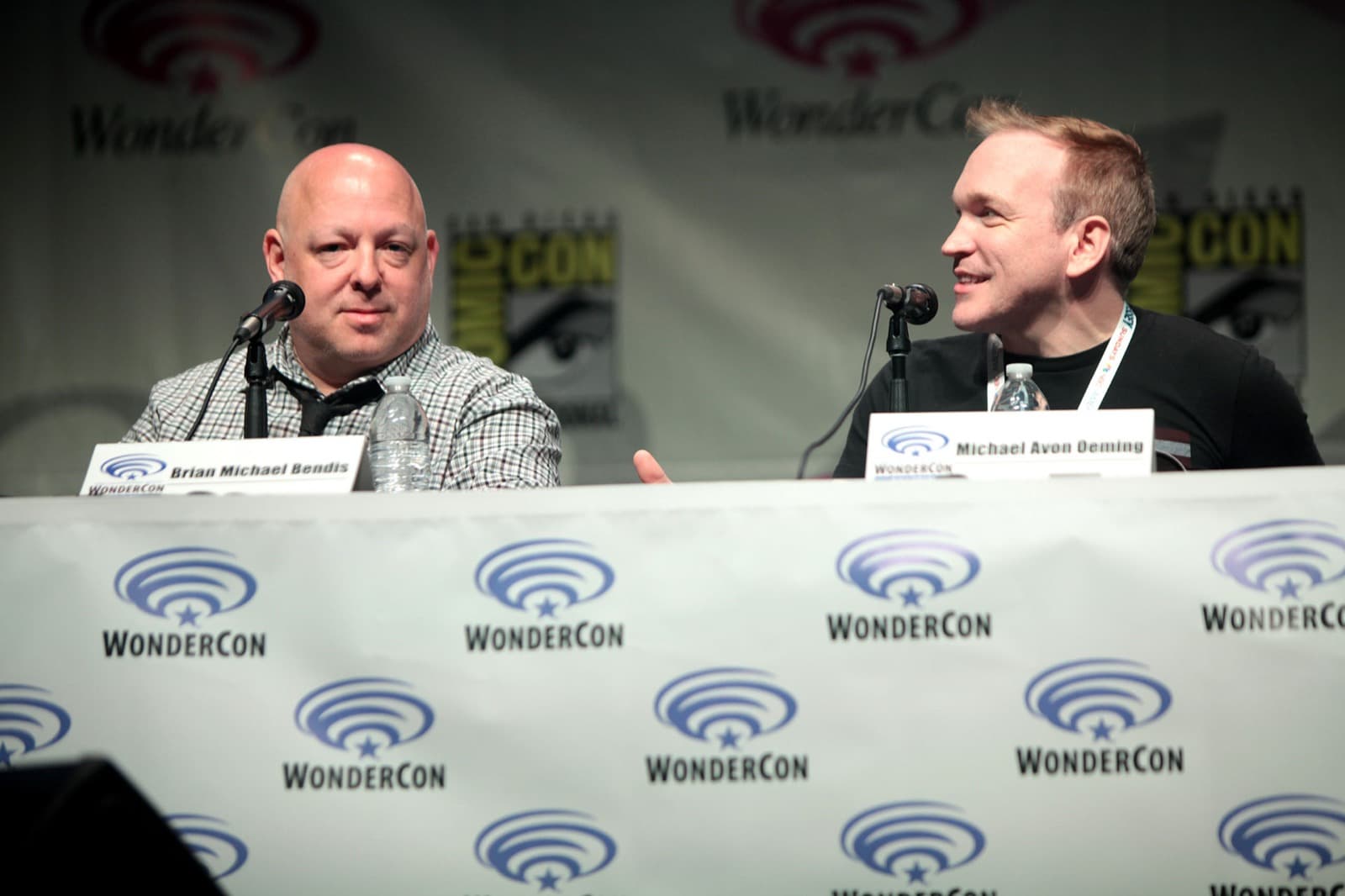 Brian Michael Bendis and Michael Avon Oeming speaking on a convention panel