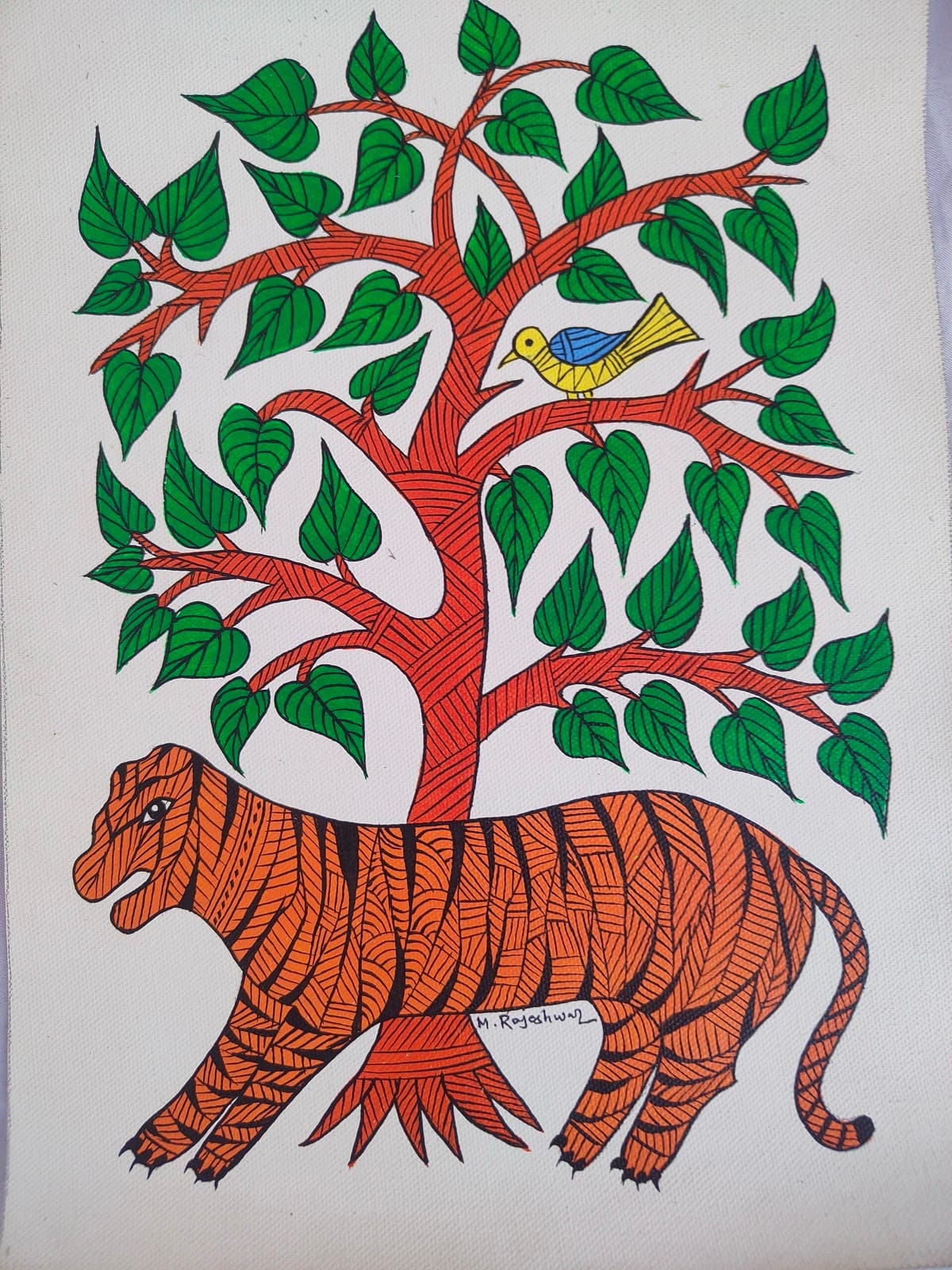 Gond painting of a striped tiger under a leafy tree with a bird