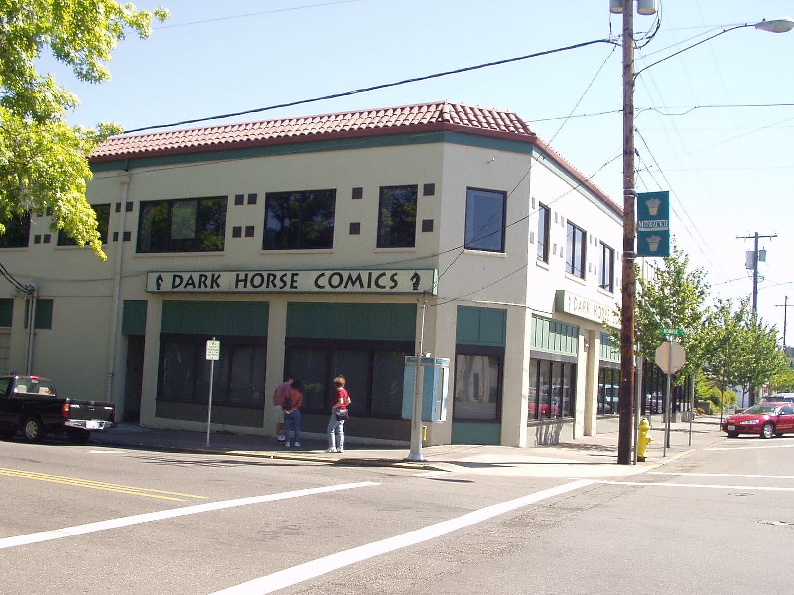 Two-story Dark Horse Comics building on a Milwaukie street corner