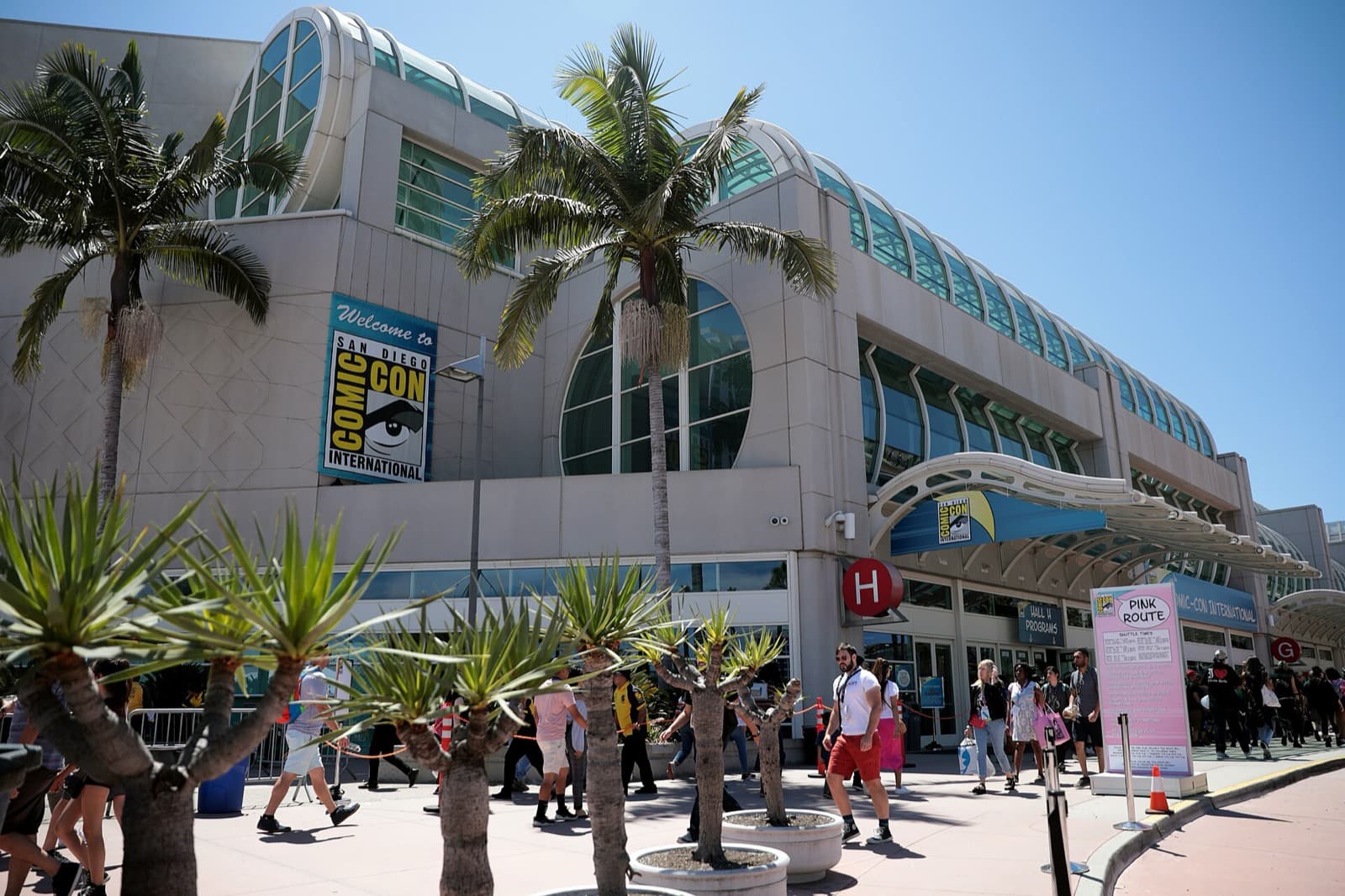 San Diego Convention Center exterior with a Comic-Con International banner and a Hall H sign