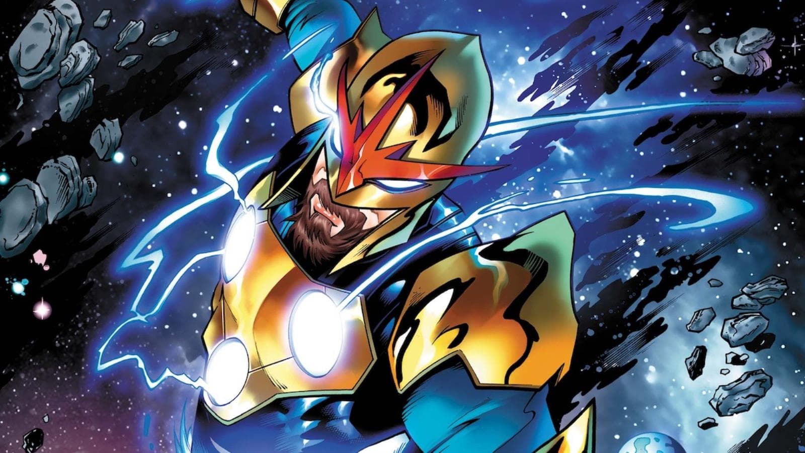 A cosmic hero in a star-filled void.