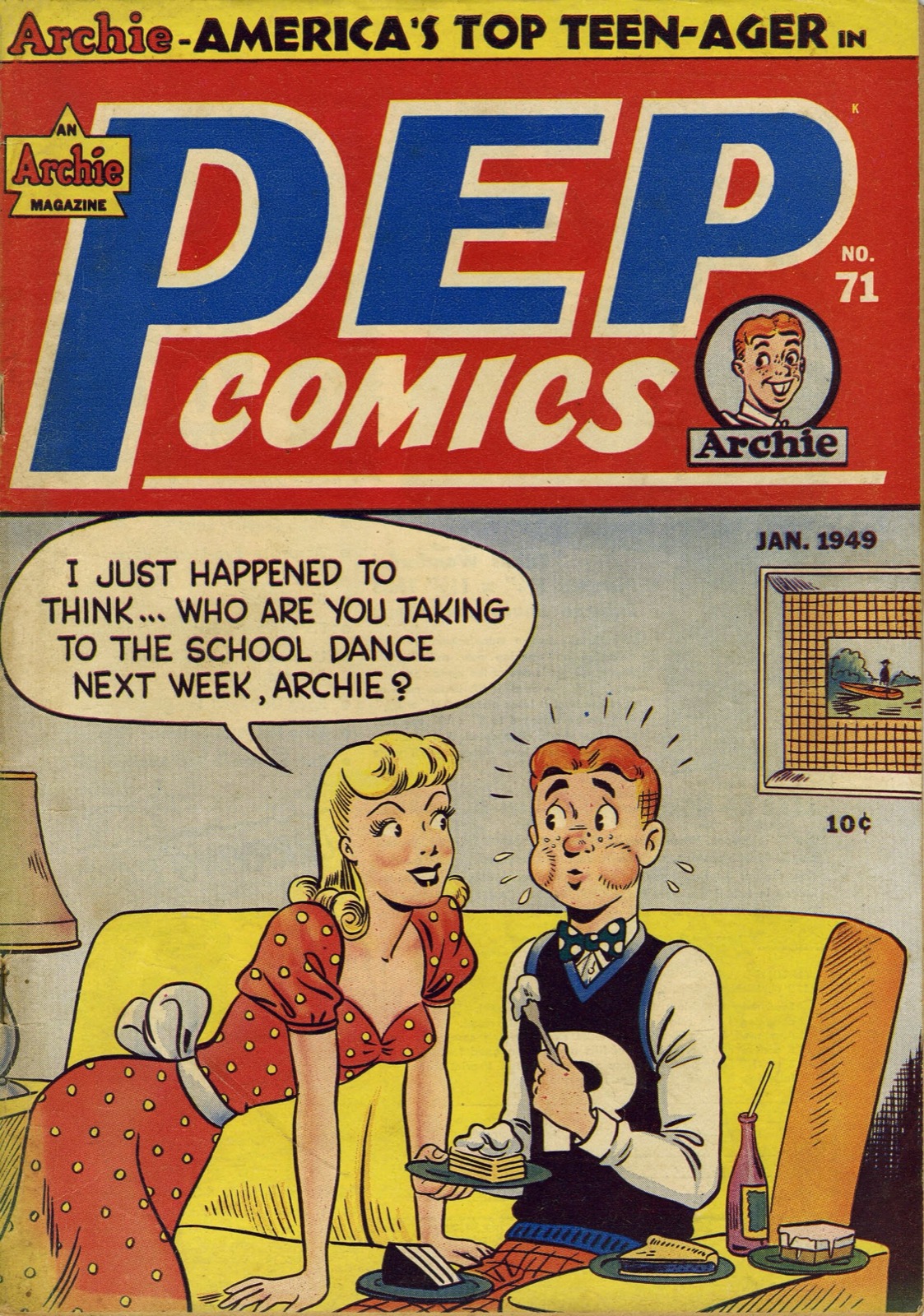 Vintage Pep Comics cover showing Betty talking to a startled Archie
