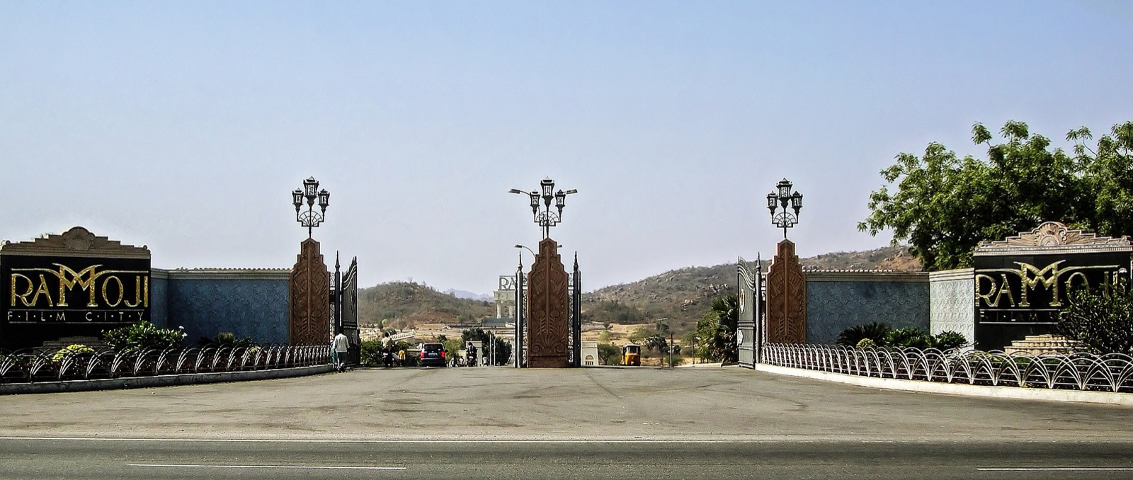 Entrance gates of Ramoji Film City with ornate pillars and signage