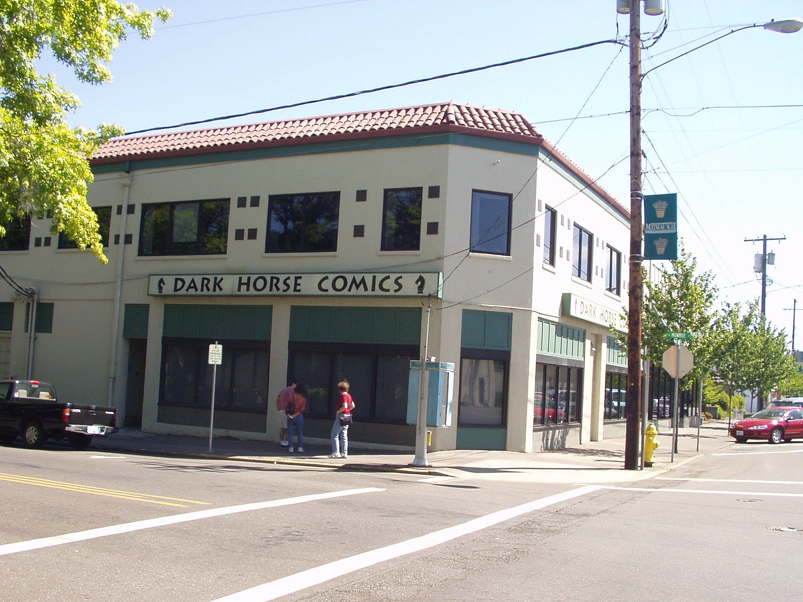 Two-story Dark Horse Comics building on a Milwaukie street corner