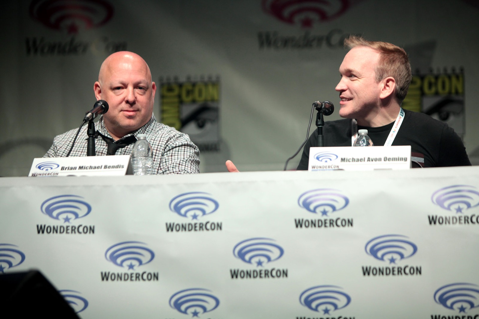 Brian Michael Bendis and Michael Avon Oeming speaking on a convention panel
