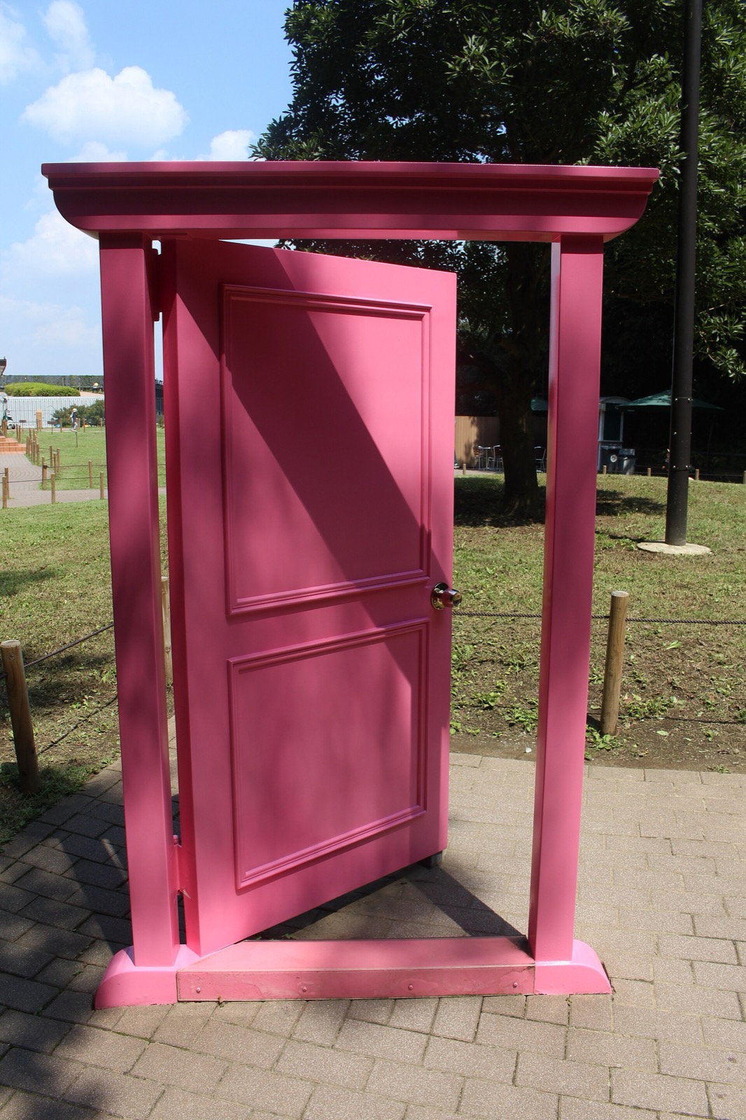 Free-standing pink door sculpture on a paved rooftop with grass behind it