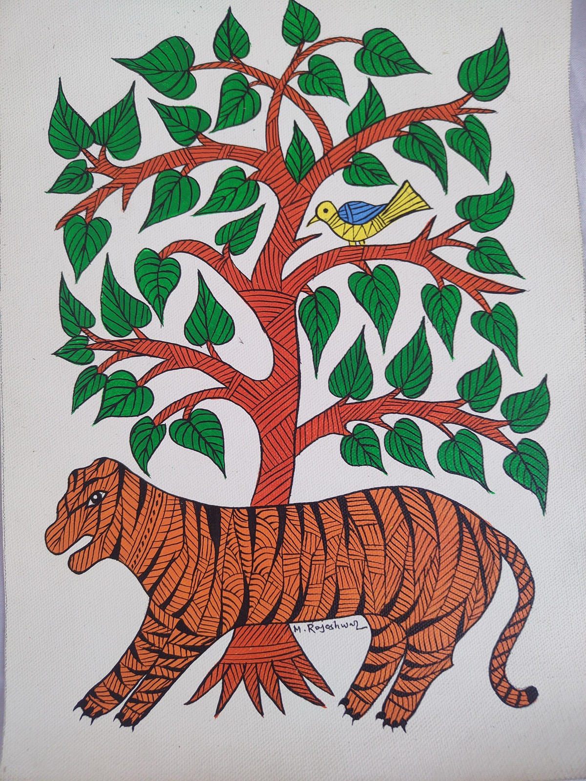 Gond painting of a striped tiger under a leafy tree with a bird