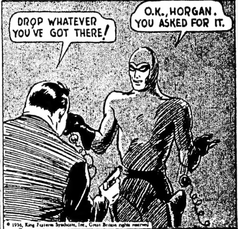Black and white 1936 newspaper comic panel of the Phantom confronting a man with a gun