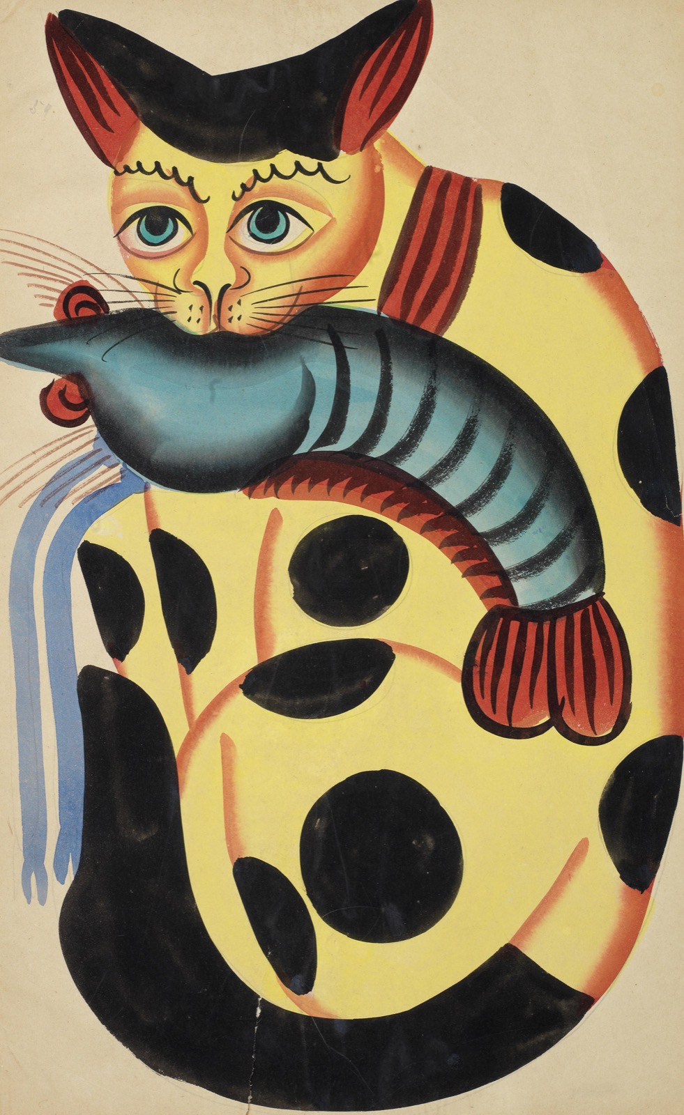 Kalighat painting of a yellow cat holding a blue prawn in its mouth