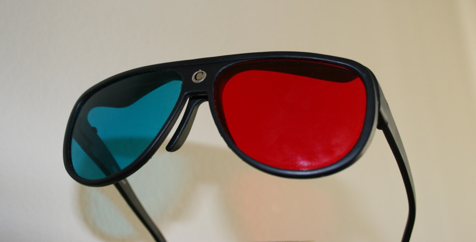A pair of plastic 3D glasses
