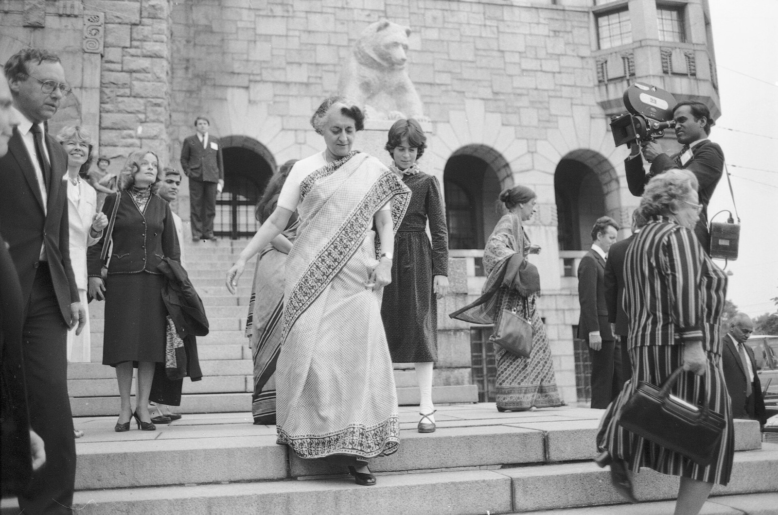 Indira Gandhi descending stone steps during a 1983 state visit to Finland