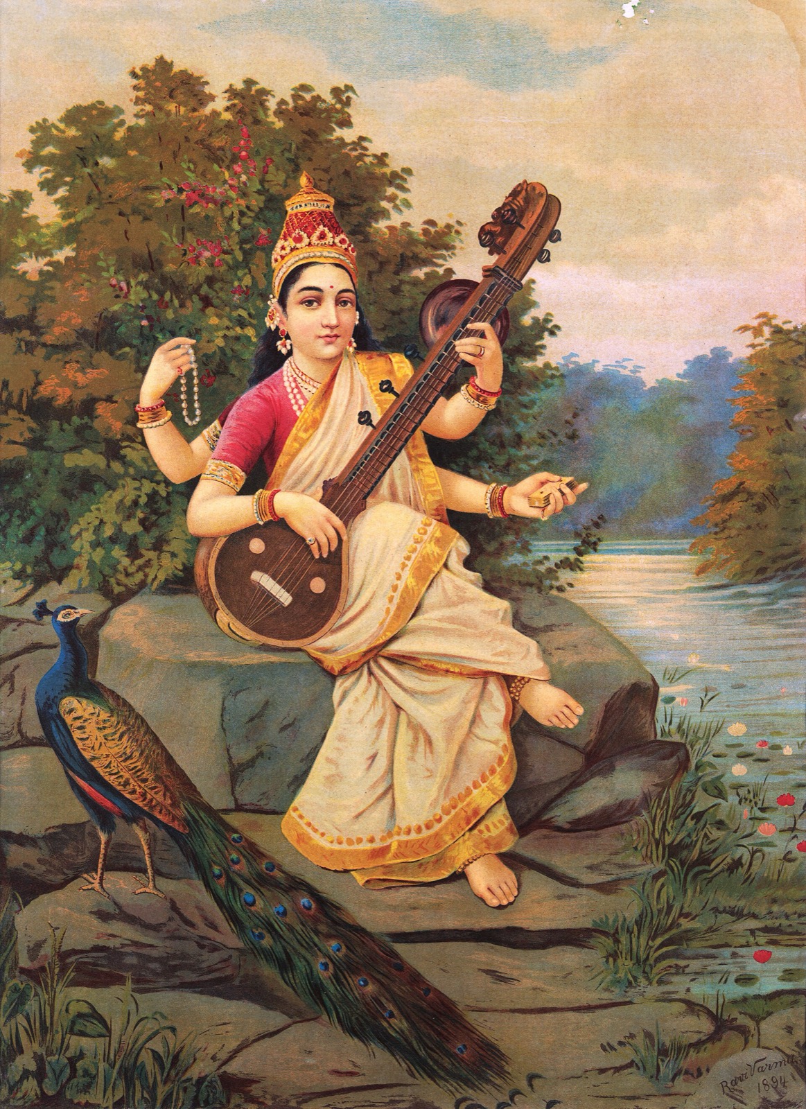 Oleograph of goddess Saraswati playing the veena on a rock beside a peacock