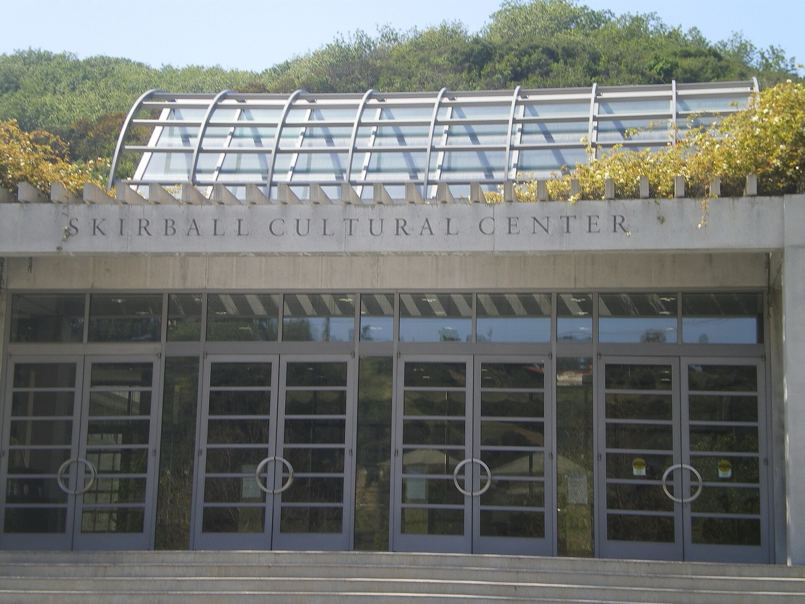 Entrance of the Skirball Cultural Center with its name carved above the doors