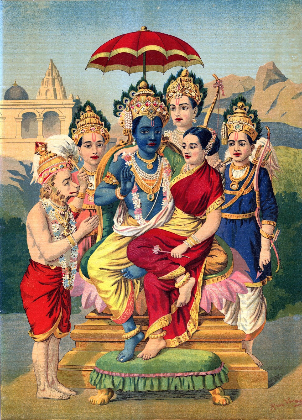 Vintage lithograph of Hanuman kneeling before Rama, Sita and Rama's brothers