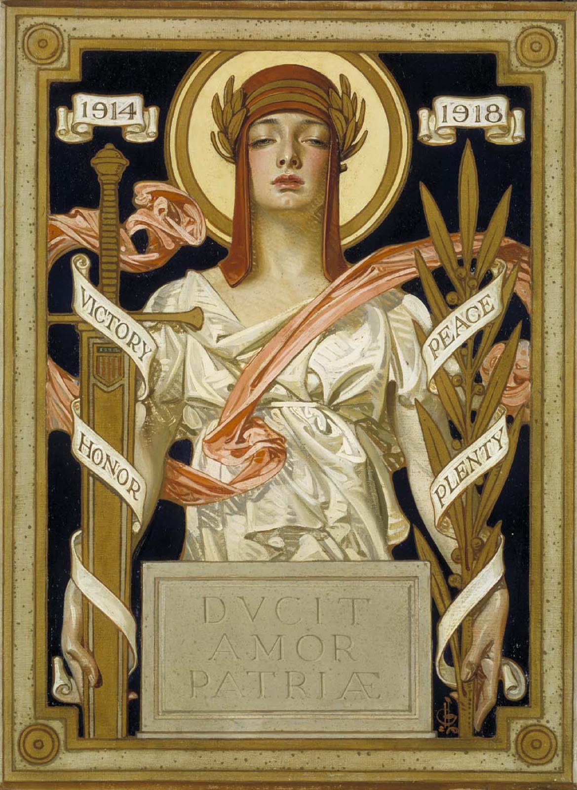 Painting of a laurel-crowned figure holding a sword and olive branch, framed by banners