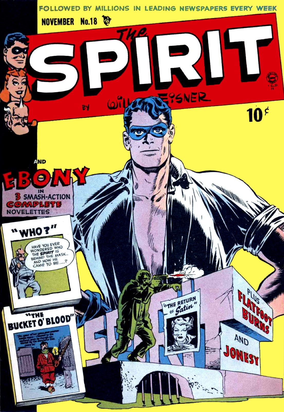 Cover of The Spirit No. 18 showing the blue-masked hero over a yellow background